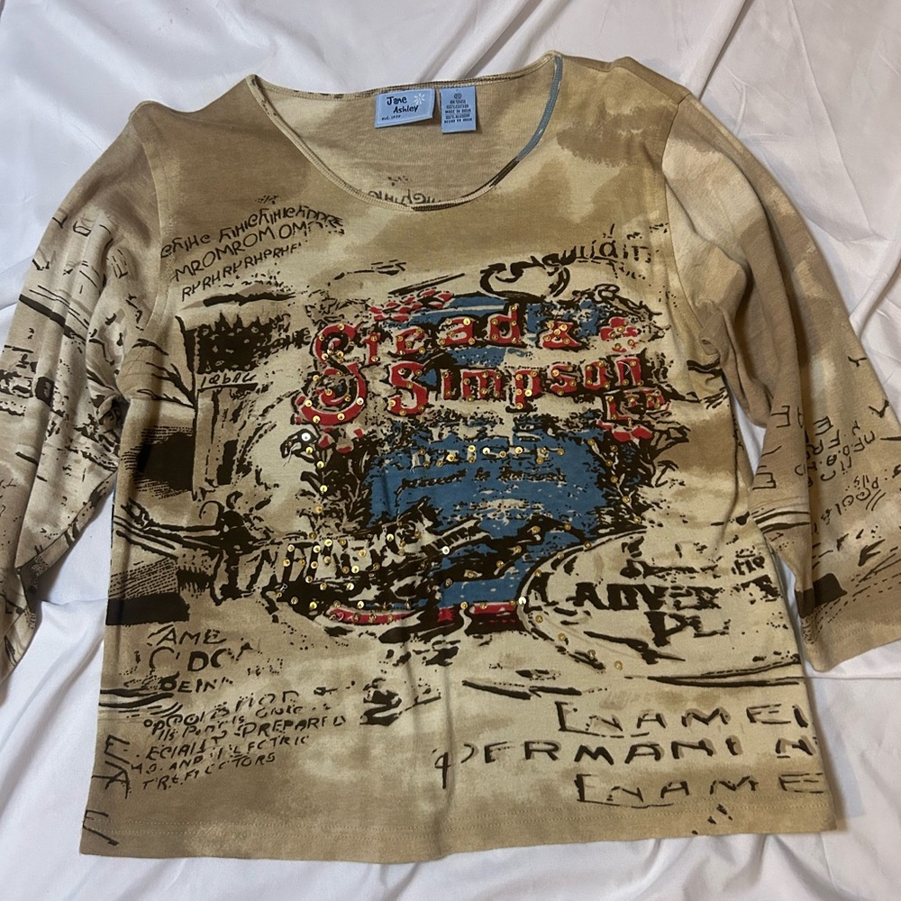 Jane Ashley Shirt Womens M Brown Sequin Accent Printed Word Art Scoop Neck